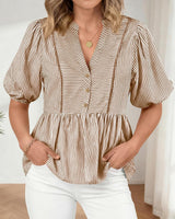 Womens Summer Tops 2026 Fashion Lantern Short Sleeve V Neck Button Peplum Shirts Spring Stripes Babydoll Blouses