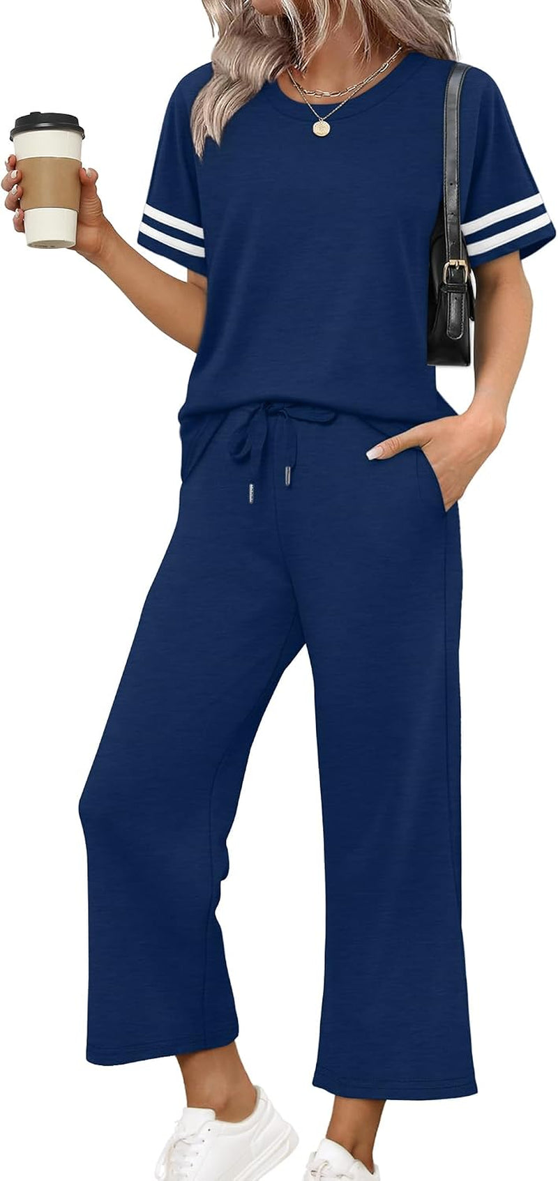 Two Piece Sets for Women Summer Outfits Lounge Sets Short Sleeve Tops Wide Leg Pants Vacation Travel Outfits