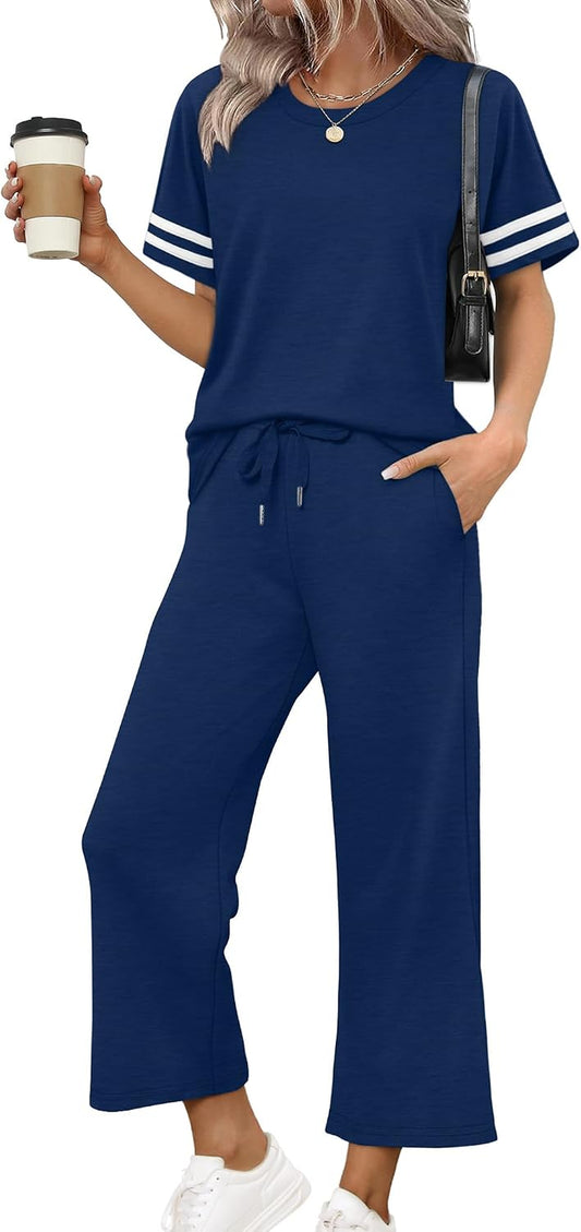 Two Piece Sets for Women Summer Outfits Lounge Sets Short Sleeve Tops Wide Leg Pants Vacation Travel Outfits