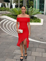 Women'S Sexy Bodycon off the Shoulder Party Midi Dress | Elegant Ruched Mesh Ruffle Cocktail Dress