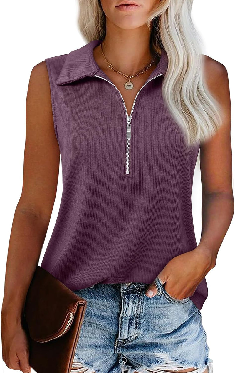 Womens Ribbed Tank Top Zipper V Neck Dressy Casual Blouses Sleeveless Camisole Tops Work Tank Polo Shirts