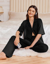 Women Pajamas Set Button down Sleepwear Short Sleeve Pjs Soft Comfy Nightwear with Long Pants S-XXL