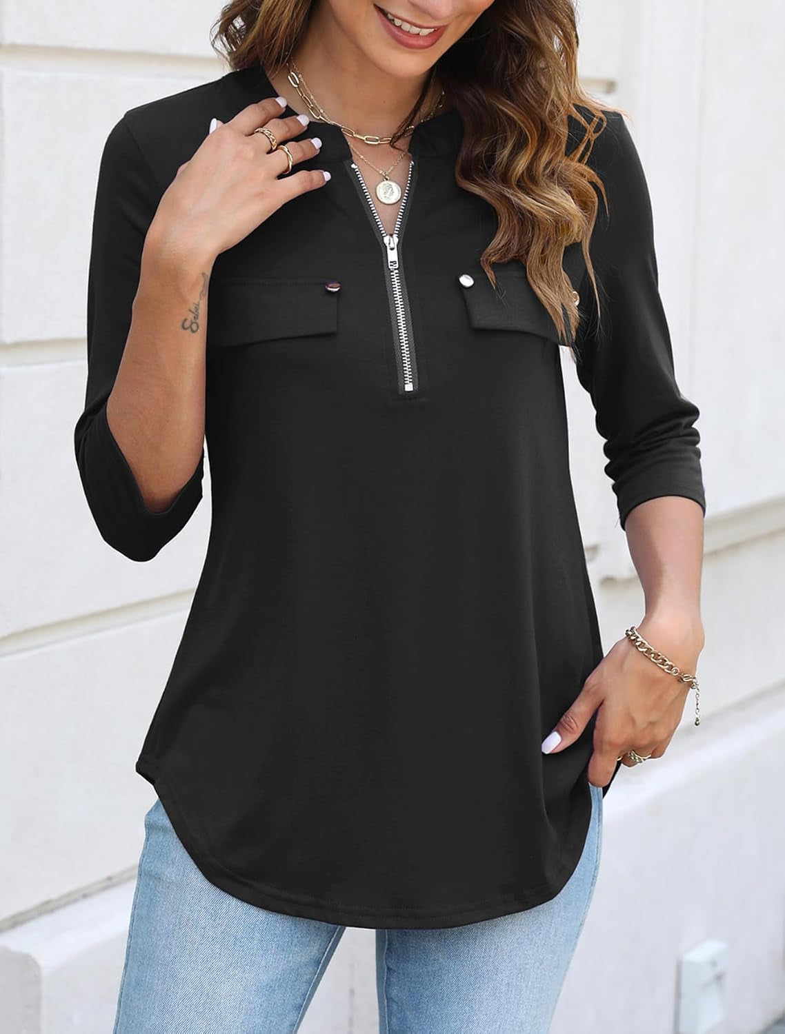Women'S 3/4 Length Sleeve V Neck Zip Flowy Dressy Casual Tops Blouse