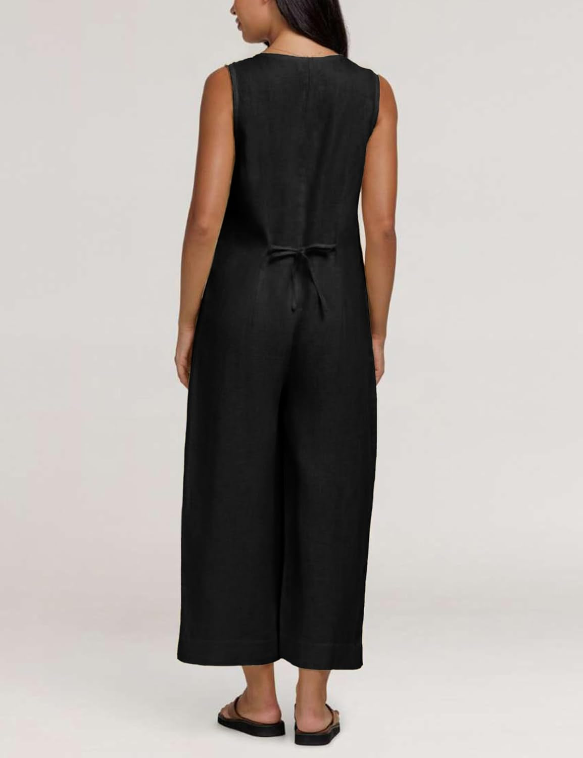 Women Button down Jumpsuits Cotton Linen Sleeveless Casual Wide Legs Rompers Loose Overall with Pockets