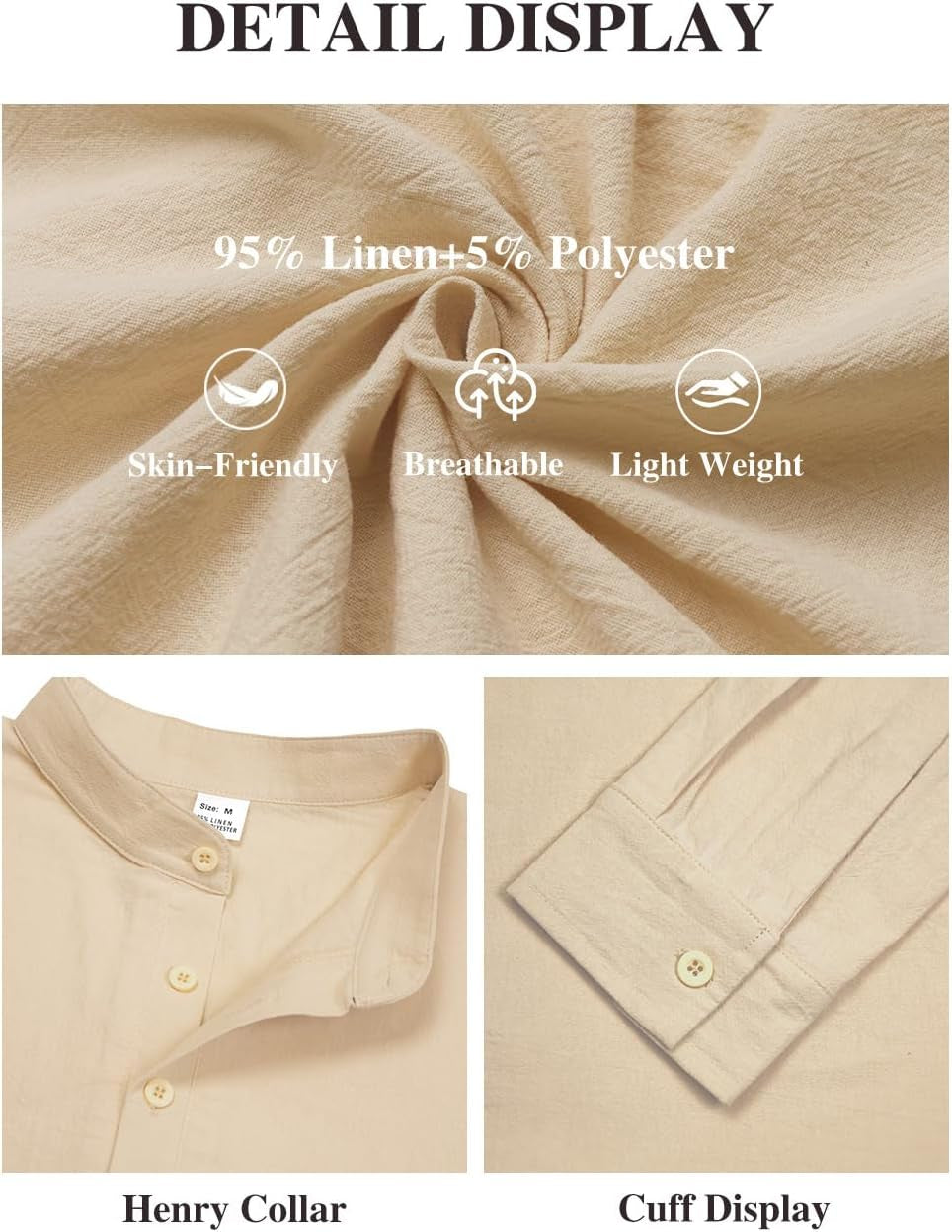 Men'S Linen Shirts Henley T-Shirts Long Sleeve Casual Beach T-Shirts Solid Tops Shirts for Men