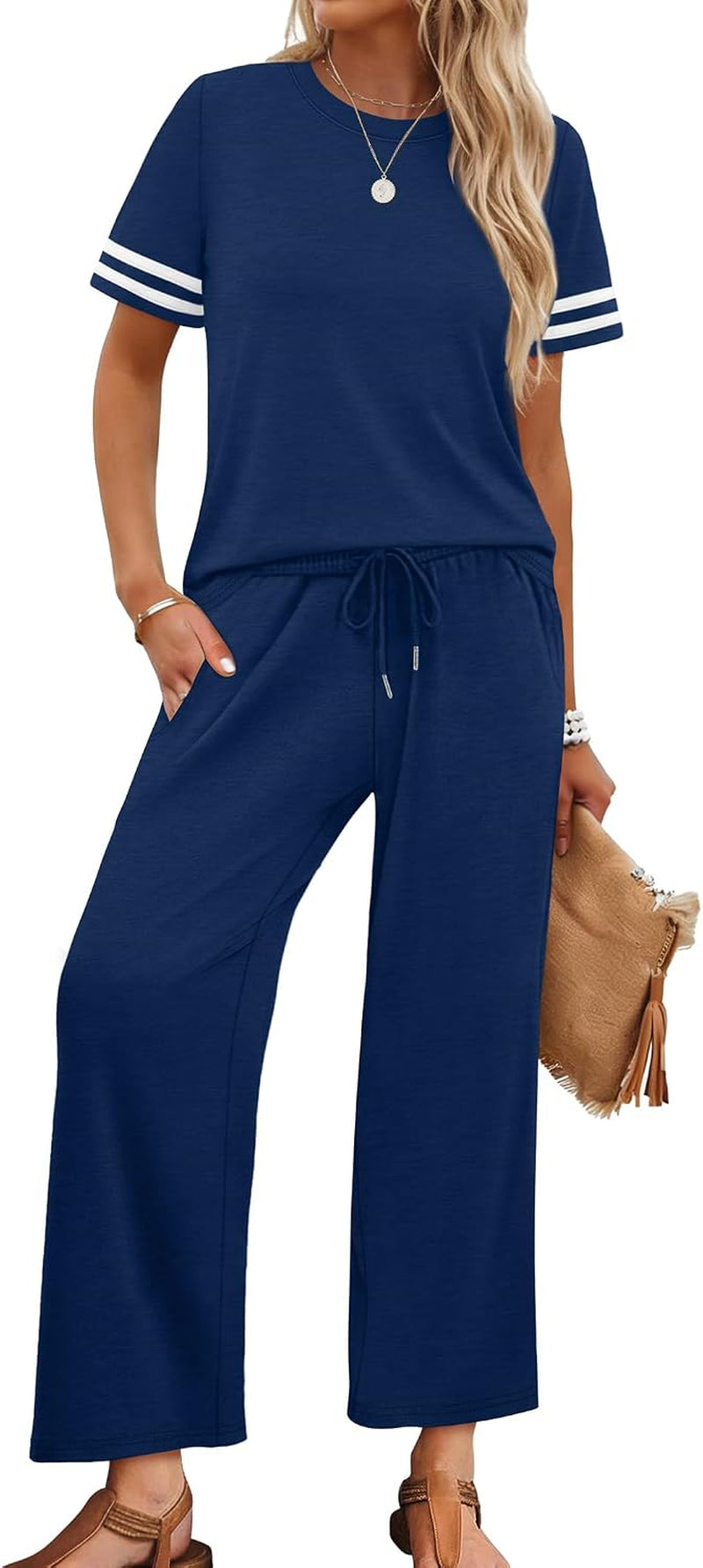 Two Piece Sets for Women Summer Outfits Lounge Sets Short Sleeve Tops Wide Leg Pants Vacation Travel Outfits